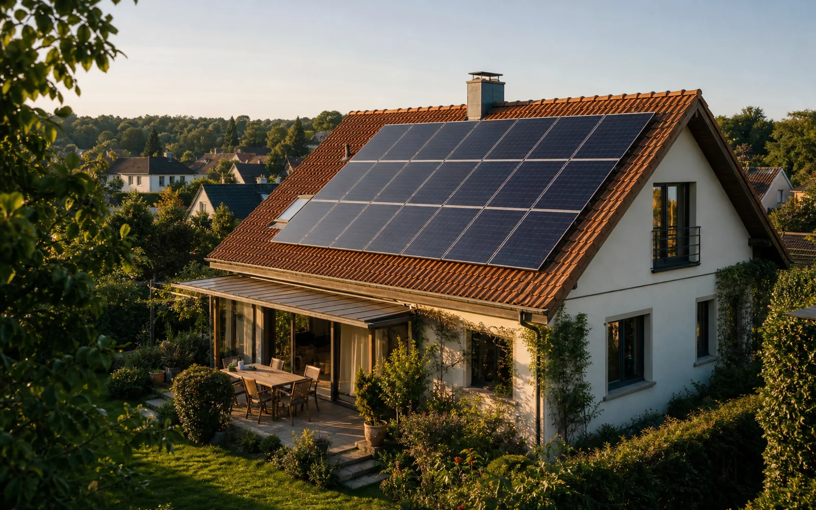 European detached home with a rooftop solar panel array in warm afternoon light